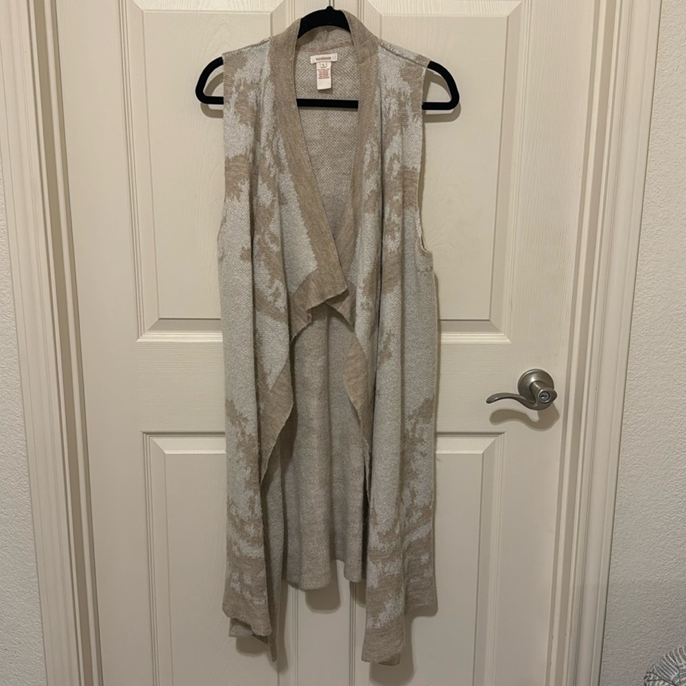 Sundance Size L Merino Wool Blend Long Open Sweater Vest Beige